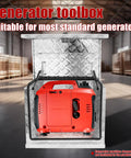 Heavy Duty Aluminum Generator Enclosure With Badass Weather Shield Secure Safety Lock Assembly And RV Ready Build For Outdoor Gear Storage And Road Trips with red generator inside.
