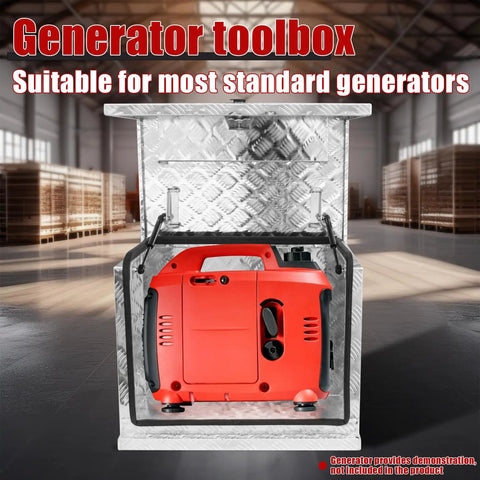 Heavy Duty Aluminum Generator Enclosure With Badass Weather Shield Secure Safety Lock Assembly And RV Ready Build For Outdoor Gear Storage And Road Trips with red generator inside.