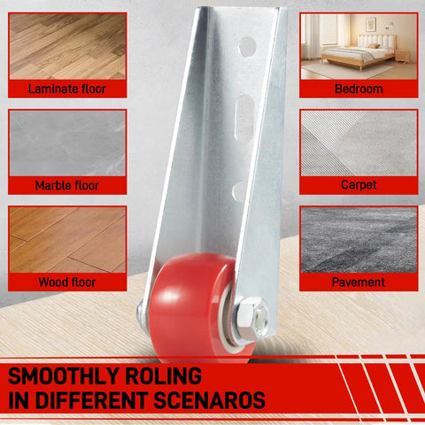 Pro Build 0.9 Inch Red Rubber Caster Wheels 2 Pack Swivel Furniture Casters with rust-resistant galvanized bracket on laminate floor.