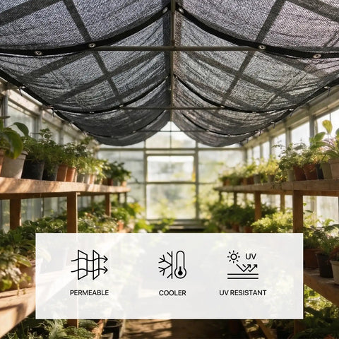 30 Percent Shade Cloth For Greenhouses And Gardens 8 Foot By 12 Foot Heavy Duty HDPE Tarp With Grommets installed in greenhouse