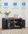 All Weather Outdoor Shoe Storage Cabinet With Two Barn Doors No Fuss Waterproof UV Resistant Entryway Bench in use
