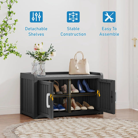 All Weather Outdoor Shoe Storage Cabinet With Two Barn Doors No Fuss Waterproof UV Resistant Entryway Bench in use