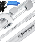 Rhino Wrench Extender Tool Bar For Maximum Leverage And Torque Multiplier with gloves, hook, and wrench detail view.