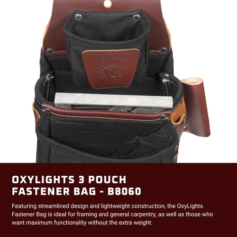 OxyLights 3 Pouch Pro Fastener Bag Black with 9 Pockets and Tool Holders showing top view of pouches, ideal for carpentry.