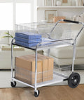 Heavy Duty Steel Office Mail Cart With Smooth As Butter Gliding Dual Casters, holding blue files and boxes in a bright room.