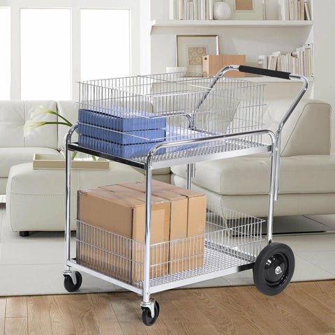 Heavy Duty Steel Office Mail Cart With Smooth As Butter Gliding Dual Casters, holding blue files and boxes in a bright room.
