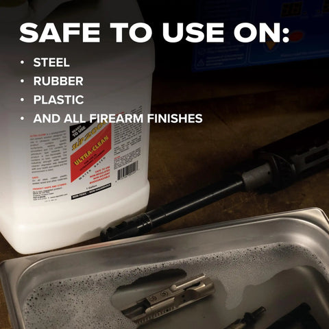 One Gallon Professional Workhorse Ultrasonic Cleaner Fluid Nukes Stubborn Cosmoline Carbon Buildup And Heavy Grease Residue Quickly Wiping Dirtiest Metal Parts Spotless in a cleaning setup.