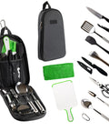 All-In-One Outdoor Kitchen Kit 12-Piece Stainless Steel Camping Utensils Set With Chef Knife, Spatula, Tongs, Scissors, Cutting Board, Corkscrew And Carry Case For Hiking, BBQ And Travel Portable Gray displayed with open and closed case view