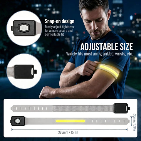 Man wearing Lit Up Rechargeable LED Armband 6 Piece Set For Night Walks Runs And Rides Ultra Light Silicone Wrist Lights