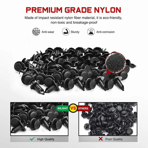 Nylon Bumper Rivet Clips Set 100 Pieces For 8mm Holes, Premium Grade Nylon Material, Anti-wear and Sturdy Design Comparison