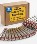 25 Pack Rotary Tool Mandrels Workhorse 1 8th Inch Shank Dremel 402 Compatible Replacement Holders displayed with packaging