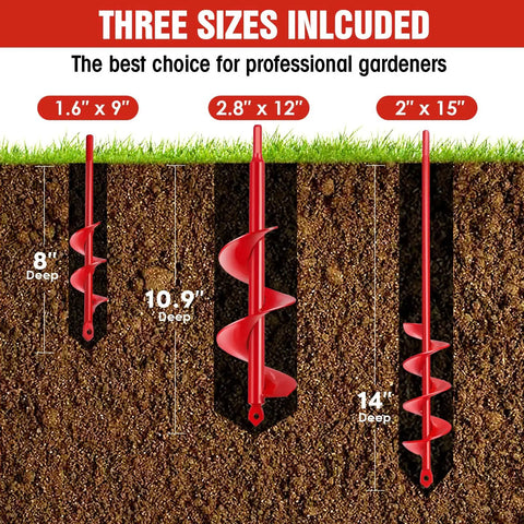 Diagram of Upgrade 3-Piece Auger Drill Bit Set highlighting depths for 1.6x9, 2.8x12, and 2x15 inch bits for easy planting.