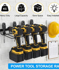 Front view of 3 Pack Heavy Duty Power Tool Wall Mount Organizer For Cordless Drills And Tools Garage Shop Storage Rack installed with yellow drills.