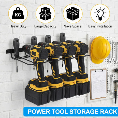 Front view of 3 Pack Heavy Duty Power Tool Wall Mount Organizer For Cordless Drills And Tools Garage Shop Storage Rack installed with yellow drills.