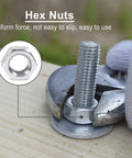 Hex nuts from All In One 500 Pcs Screws Nuts And Washers Set With 130 Phillips Bolts 125 Hex Nuts And 245 Metal Washers In 10 Sizes M3 M4 M5 M6 M8 In A Handy Organizer Box For Home Repairs And DIY Projects being tightened on wood with wrench