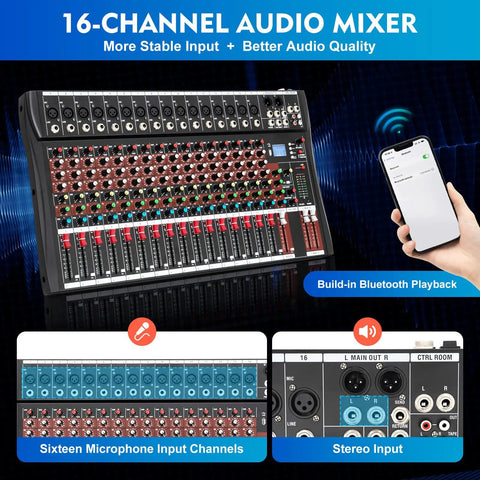 Sixteen Channel Digital Audio Mixer With 48V Phantom Power USB Slot LED Screen Bluetooth And Pro Grade Mic Preamps