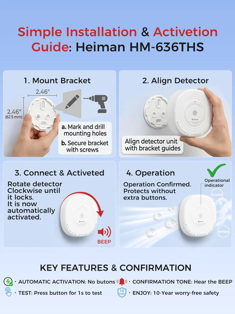 Installation guide for Heiman HM-636THS Dual Smoke And Carbon Monoxide Detector 10 Year Sealed Battery 3 Pack