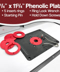 Heavy Duty Router Table Builds Killer Stability With Deluxe Fence Kit Precision Router Plate Five Inserts And Massive 24X32 Inch Laminated Platform For No Sweat Woodworking Projects with 9¼" x 11³⁄₄" Phenolic Plate and red insert rings.