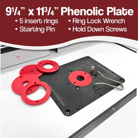 Heavy Duty Router Table Builds Killer Stability With Deluxe Fence Kit Precision Router Plate Five Inserts And Massive 24X32 Inch Laminated Platform For No Sweat Woodworking Projects with 9¼" x 11³⁄₄" Phenolic Plate and red insert rings.