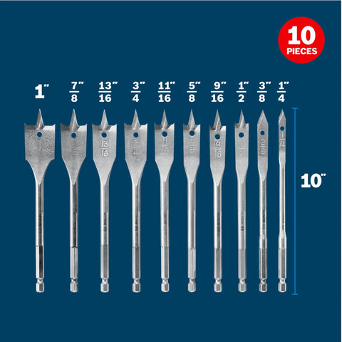 10-piece chisel-point spade bit set for fast wood drilling with varying sizes on a blue background
