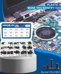 Open case of Laptop Screw Kit 450 Pcs M2 M2.5 M3 with labeled compartments near a laptop circuit board