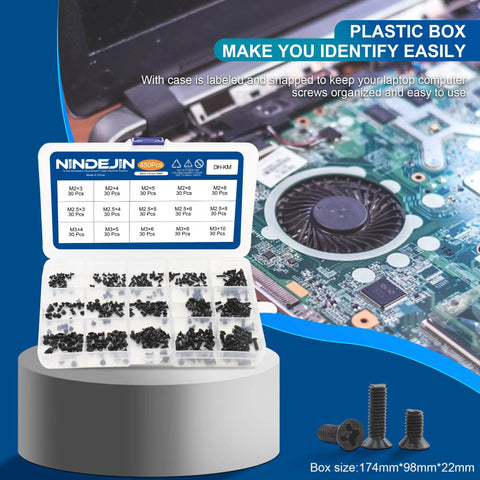 Open case of Laptop Screw Kit 450 Pcs M2 M2.5 M3 with labeled compartments near a laptop circuit board