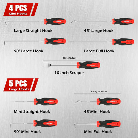 Nine Piece Precision Pick And Hook Set With Scraper And Magnetic Telescoping Tool Kit for auto and electronics hand tools display.