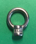 Front view of a quarter-inch marine-grade stainless steel lifting eye nut, part of the Four Pack Marine Grade Stainless Steel Lifting Eye Nuts One Quarter Inch UNC AISI 316 Corrosion Resistant Heavy Duty Eyebolts For Cables Or Ropes Pitch 20 Saltwater Ready.
