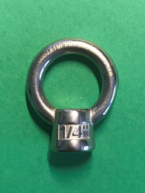 Front view of a quarter-inch marine-grade stainless steel lifting eye nut, part of the Four Pack Marine Grade Stainless Steel Lifting Eye Nuts One Quarter Inch UNC AISI 316 Corrosion Resistant Heavy Duty Eyebolts For Cables Or Ropes Pitch 20 Saltwater Ready.