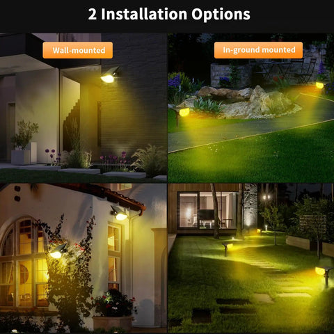 Outdoor Solar Spotlights 650 Lumen IP67 Waterproof Warm White 3000K with Auto On Off shown wall-mounted and in-ground