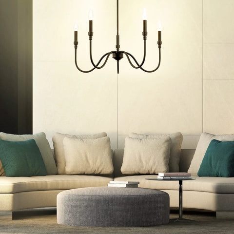 Five Light Farmhouse Linear Pendant Chandelier for Kitchen Island Dining and Living Room Matte Black Finish Sturdy Metal Iron Frame Modern Rustic Lighting Fixture Built to Last hanging over a modern living room setting.