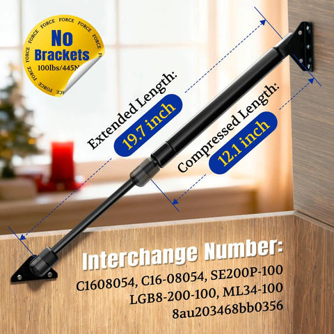 20 Inch Gas Prop Spring Strut Set 2 Pack 100 Lb Each For RV Lids And Hatches, showing 19.7 inch extended length and 12.1 inch compressed length.