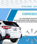 Stainless Steel License Plate Screws Set Eight Pack For Front And Rear Plates Rattle Proof And Rustproof Hardware For Cars Frames And Covers Car Tag Screws That Keep Plates Tight Subaru Compatible displayed next to a Subaru.