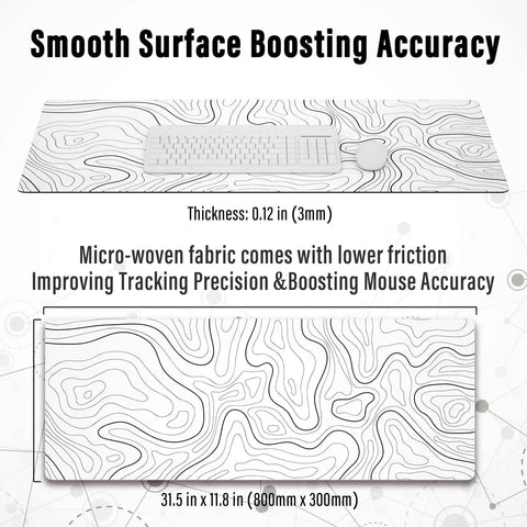 Extended XL White Gaming Mouse Pad With Stitched Edges Minimalist Topographic Map Desk Mat for keyboard and mouse 31.5x11.8 inches