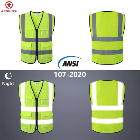 Your Go To Hi Vis Reflective Safety Vest For Men And Women Plus Super Breathable Mesh Work Gear And Bright Yellow High Visibility Jacket That Keeps You Cool And Totally Visible On Every Shift, showing front and back views, zipper, and reflective stripes.