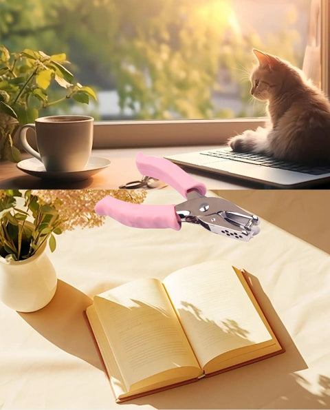 One Quarter Inch Circle Hole Punch, Metal Handheld Paper Punch with Soft Grip Handle, pink tool on table by open book
