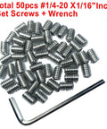 50-Piece Set Screws 1/4-20 By 5/16 Inch 304 Stainless Steel Hex Socket Grub Screws With 1/8 Inch Allen Wrench on white background