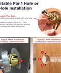 Diagram showing Black Commercial Door Lever Lockset Grade 2 Heavy Duty Keyed Entry for 1 or 3 hole installation on metal and wooden doors.