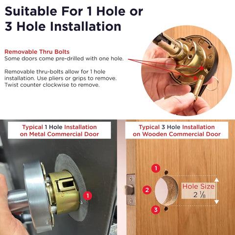 Diagram showing Black Commercial Door Lever Lockset Grade 2 Heavy Duty Keyed Entry for 1 or 3 hole installation on metal and wooden doors.