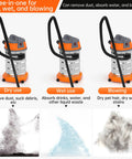 Heavy Duty Wet Dry Vacuum 10 Gallon With 8 Peak HP Monster Suction Power shown for dry, wet, and blowing use