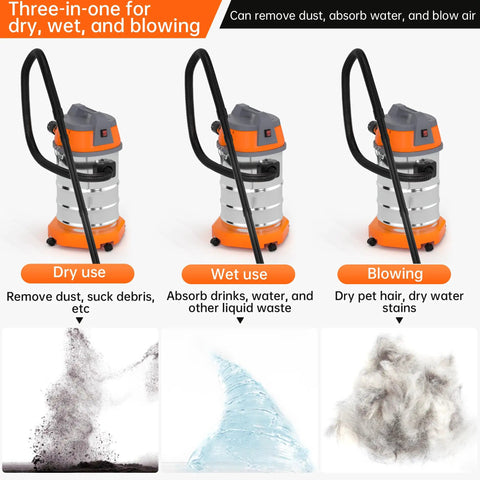 Heavy Duty Wet Dry Vacuum 10 Gallon With 8 Peak HP Monster Suction Power shown for dry, wet, and blowing use
