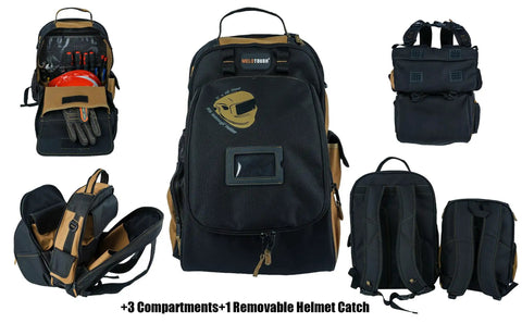 Heavy Duty Welding Backpack With Removable Helmet Bag And Mega Capacity Built Tough With Military Grade Fabric Cushioned Back Panel And Comfy Straps Front Access Gear Organizer For Welders Khaki displaying compartments and helmet catch.