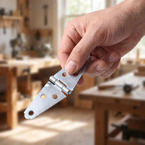 Top Shelf 4 Inch T Strap Hinges 6 Pack Heavy Iron Door Hardware With Pre Drilled Mounts For Barn Shed And Folding Doors displayed in hand.