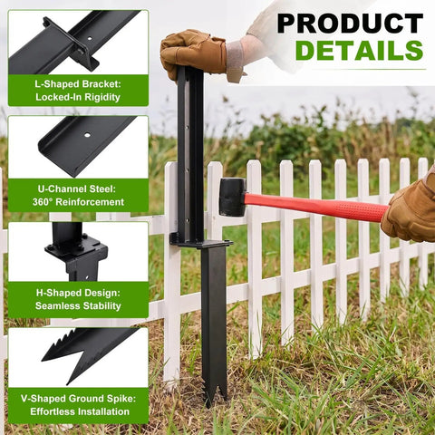 Heavy Duty H Frame Fence Post Stabilizer Kit For Straightening Leaning Wood Fence Posts Without Any Drama While Keeping Residential Yards And Decks Level And Secure Today, showing L-shaped bracket and U-channel steel.