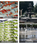 Aquariums and fountains showing Small Pond Pump With Hose 45W 800 GPH Adjustable Flow Circulates 500 To 1200 Gallons One To Two Times Every One And A Half Hours Keeps Koi Water Clean Ultra Quiet Twenty Decibels Ten Foot Lift Continuous Run With Dry Burn And Overheat Protection