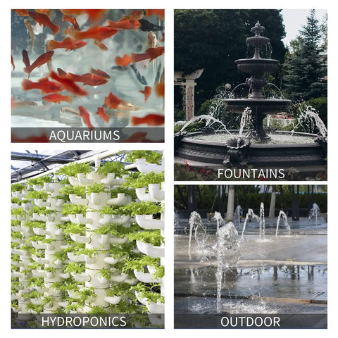 Aquariums and fountains showing Small Pond Pump With Hose 45W 800 GPH Adjustable Flow Circulates 500 To 1200 Gallons One To Two Times Every One And A Half Hours Keeps Koi Water Clean Ultra Quiet Twenty Decibels Ten Foot Lift Continuous Run With Dry Burn And Overheat Protection