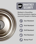 Close-up of Easy Install Entry Door Knob With Keyed Lock And SmartKey Rekey Technology Microban Protection Satin Nickel Finish security features.