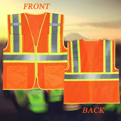 High Visibility Reflective Safety Vest With Zipper And Pockets In Orange Size M For Men And Women, Breathable Mesh, Back View