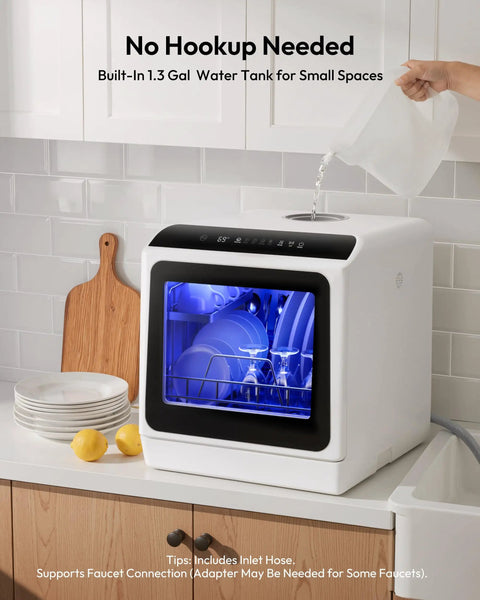 Hassle Free Portable Countertop Dishwasher With Six Smart Wash Cycles And Ultra Quiet Forty Decibel Operation For Smooth Apartment Living Without The Plumbing Headache, filling built-in water tank.