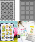 Two Sets Dotted Square Frame Dies For Card Making, Scallop Honeycomb Cover, Metal Cutting Dies and finished cards display.